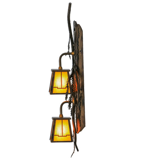 Meyda Lighting Pine Branch 7" 2-Light LED Antique Copper Valley View Wall Sconce With Beige Iridescent Shade Glass