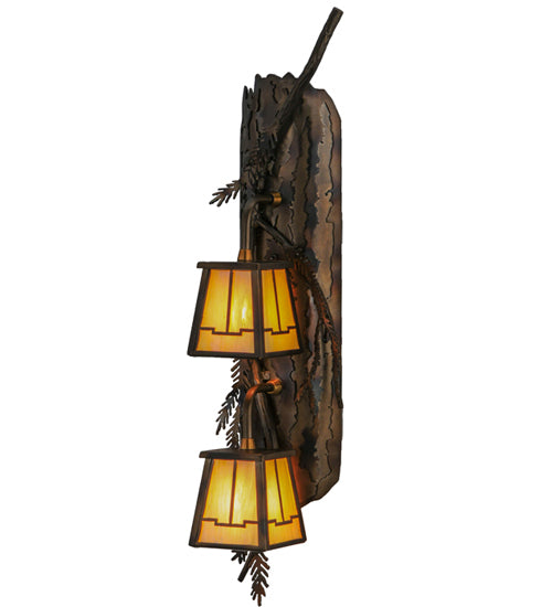 Meyda Lighting Pine Branch 7" 2-Light LED Antique Copper Valley View Wall Sconce With Beige Iridescent Shade Glass