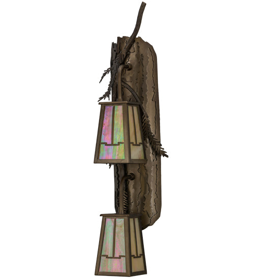 Meyda Lighting Pine Branch 8" 2-Light Antique Copper Valley View Wall Sconce With Beige Iridescent Shade Glass