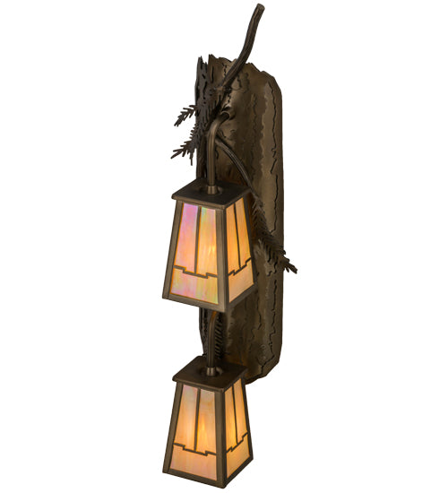 Meyda Lighting Pine Branch 8" 2-Light Antique Copper Valley View Wall Sconce With Beige Iridescent Shade Glass