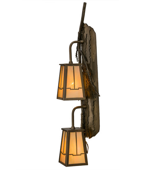 Meyda Lighting Pine Branch 8" 2-Light Antique Copper Valley View Wall Sconce With Beige Iridescent Shade Glass