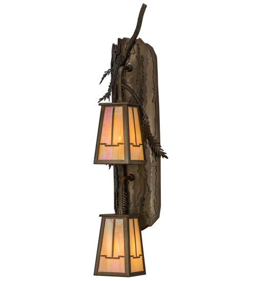 Meyda Lighting Pine Branch 8" 2-Light Antique Copper Valley View Wall Sconce With Beige Iridescent Shade Glass