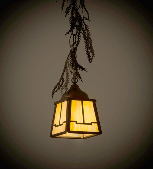 Meyda Lighting Pine Branch 8" Antique Copper Valley View Mini Pendant Light With Beige Art Shade Glass