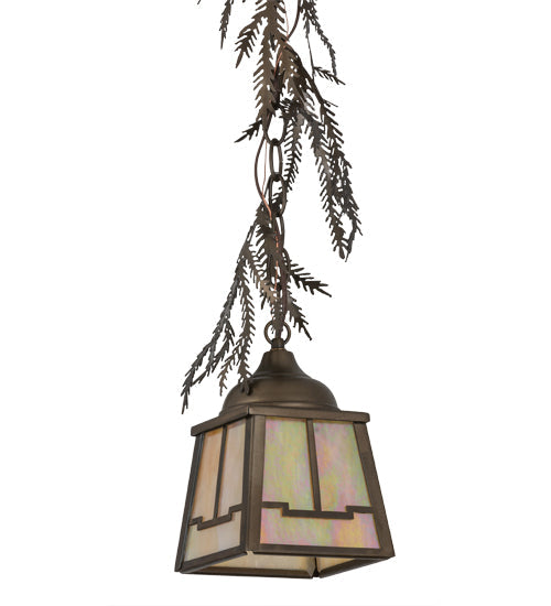 Meyda Lighting Pine Branch 8" Antique Copper Valley View Mini Pendant Light With Beige Art Shade Glass