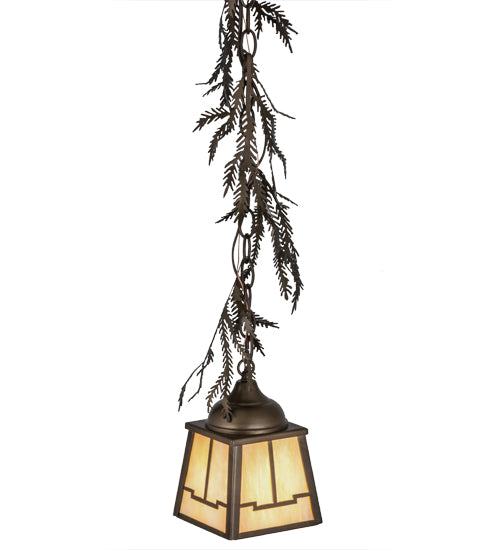 Meyda Lighting Pine Branch 8" Antique Copper Valley View Mini Pendant Light With Beige Art Shade Glass