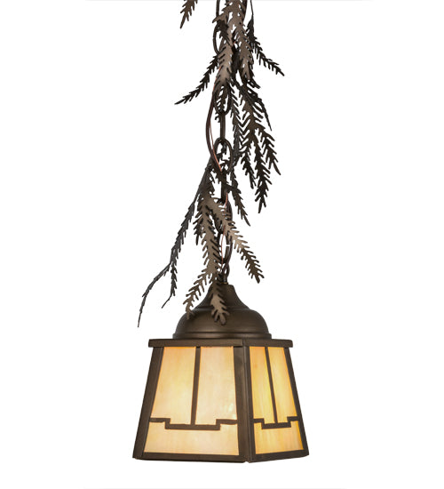 Meyda Lighting Pine Branch 8" Antique Copper Valley View Mini Pendant Light With Beige Art Shade Glass