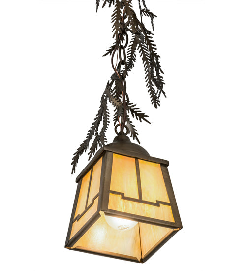 Meyda Lighting Pine Branch 8" Antique Copper Valley View Mini Pendant Light With Beige Art Shade Glass