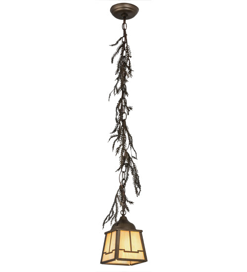 Meyda Lighting Pine Branch 8" Antique Copper Valley View Mini Pendant Light With Beige Art Shade Glass