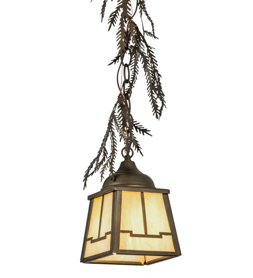 Meyda Lighting Pine Branch 8" Antique Copper Valley View Mini Pendant Light With Beige Art Shade Glass