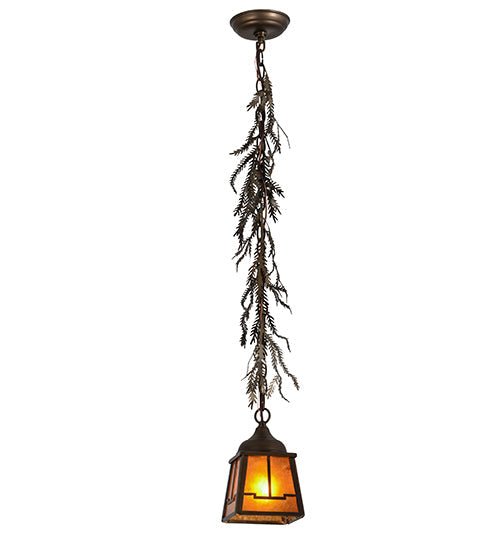 Meyda Lighting Pine Branch 8" Antique Copper Valley View Pendant Light With Amber Mica Shade Glass