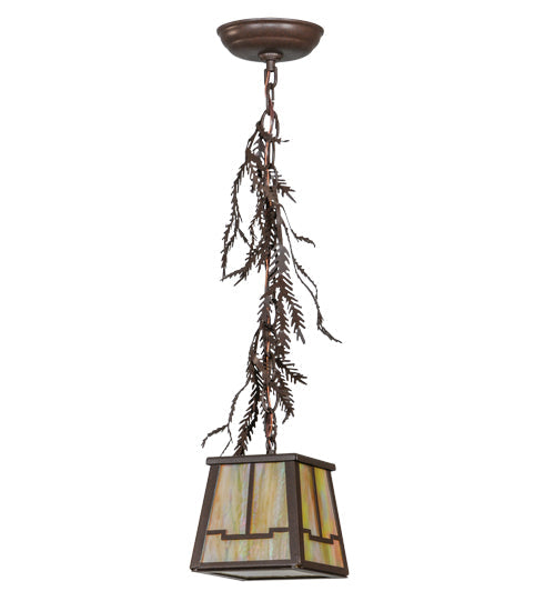 Meyda Lighting Pine Branch 8" Cafe Noir Valley View Mini Pendant Light With Beige Iridscent Shade Glass