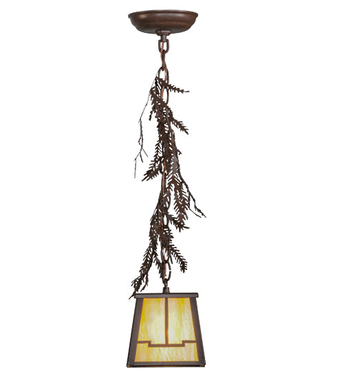 Meyda Lighting Pine Branch 8" Cafe Noir Valley View Mini Pendant Light With Beige Iridscent Shade Glass