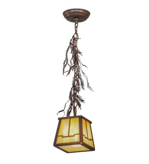 Meyda Lighting Pine Branch 8" Cafe Noir Valley View Mini Pendant Light With Beige Iridscent Shade Glass
