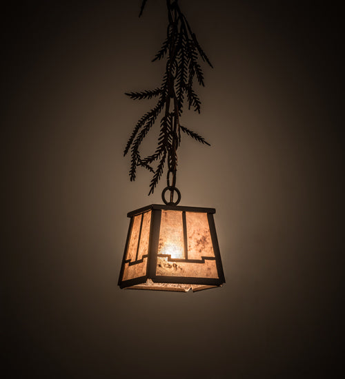 Meyda Lighting Pine Branch 8" Cafe Noir Valley View Mini Pendant Light With Silver Mica Shade Glass
