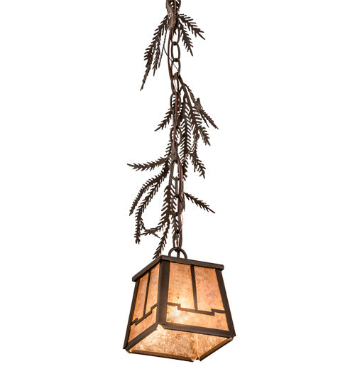 Meyda Lighting Pine Branch 8" Cafe Noir Valley View Mini Pendant Light With Silver Mica Shade Glass