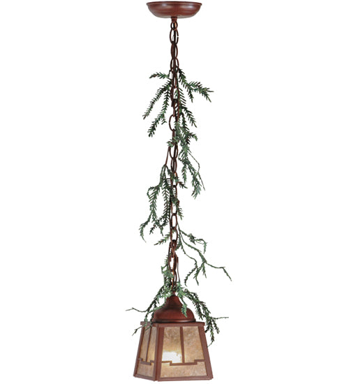 Meyda Lighting Pine Branch 8" LED Rust With Green Branches Valley View Mini Pendant Light With Silver Mica Shade Glass