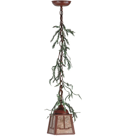 Meyda Lighting Pine Branch 8" LED Rust With Green Branches Valley View Mini Pendant Light With Silver Mica Shade Glass