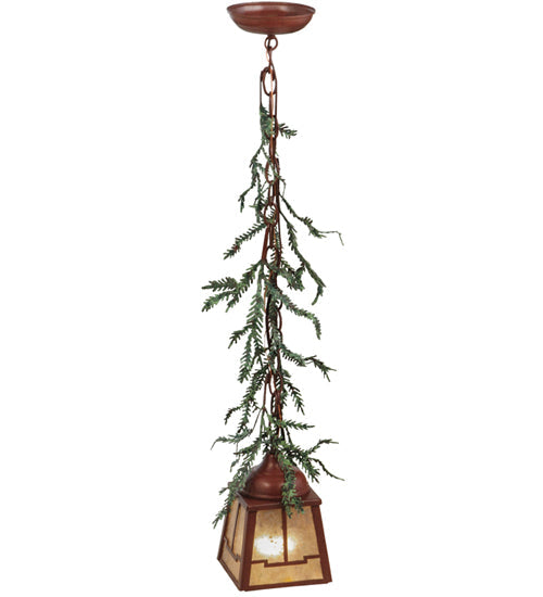 Meyda Lighting Pine Branch 8" LED Rust With Green Branches Valley View Mini Pendant Light With Silver Mica Shade Glass