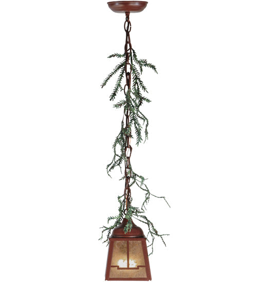 Meyda Lighting Pine Branch 8" LED Rust With Green Branches Valley View Mini Pendant Light With Silver Mica Shade Glass