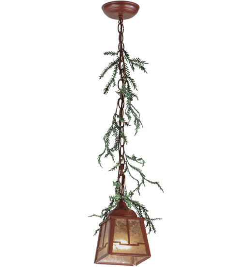 Meyda Lighting Pine Branch 8" LED Rust With Green Branches Valley View Mini Pendant Light With Silver Mica Shade Glass