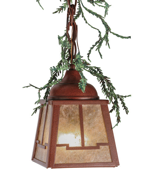 Meyda Lighting Pine Branch 8" LED Rust With Green Branches Valley View Mini Pendant Light With Silver Mica Shade Glass