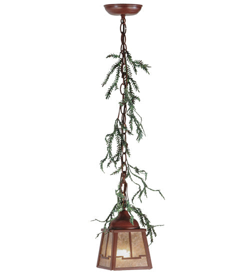 Meyda Lighting Pine Branch 8" LED Rust With Green Branches Valley View Mini Pendant Light With Silver Mica Shade Glass