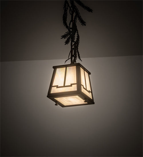 Meyda Lighting Pine Branch 8" Oil Rubbed Bronze Valley View Mini Pendant Light With White Iridescent Shade Glass