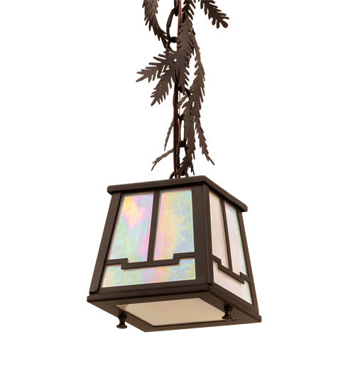 Meyda Lighting Pine Branch 8" Oil Rubbed Bronze Valley View Mini Pendant Light With White Iridescent Shade Glass