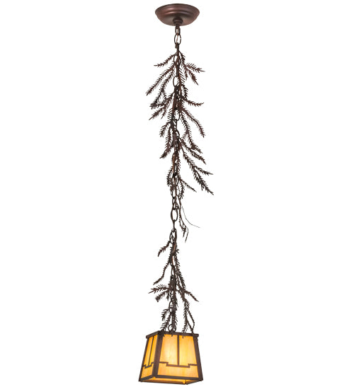 Meyda Lighting Pine Branch 8" Rust & Wrought Iron Valley View Mini Pendant Light With Beige Iridescent Shade Glass