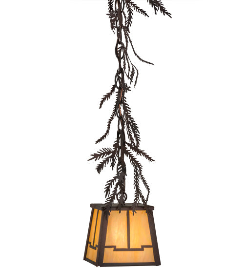 Meyda Lighting Pine Branch 8" Rust & Wrought Iron Valley View Mini Pendant Light With Beige Iridescent Shade Glass