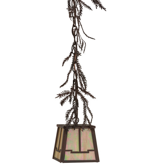 Meyda Lighting Pine Branch 8" Rust & Wrought Iron Valley View Mini Pendant Light With Beige Iridescent Shade Glass
