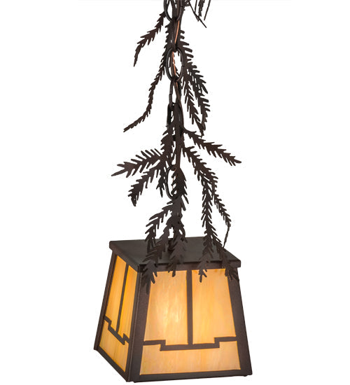 Meyda Lighting Pine Branch 8" Rust & Wrought Iron Valley View Mini Pendant Light With Beige Iridescent Shade Glass