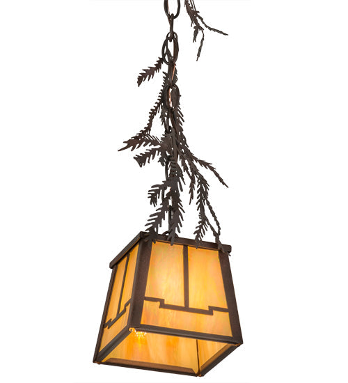 Meyda Lighting Pine Branch 8" Rust & Wrought Iron Valley View Mini Pendant Light With Beige Iridescent Shade Glass