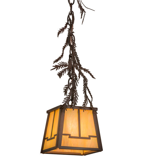 Meyda Lighting Pine Branch 8" Rust & Wrought Iron Valley View Mini Pendant Light With Beige Iridescent Shade Glass