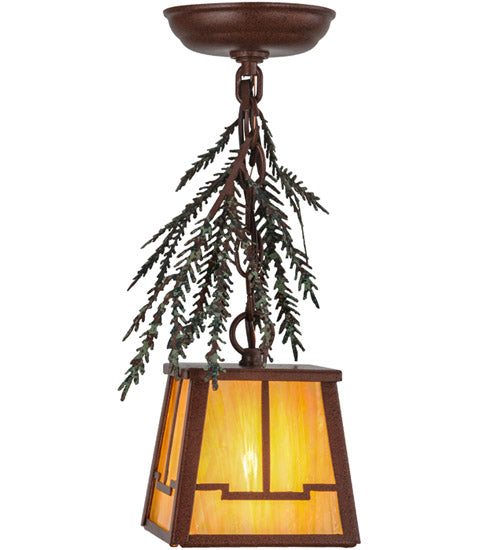 Meyda Lighting Pine Branch 8" Rust and Green Trees Valley View Mini Pendant Light With Beige Irridescent Shade Glass