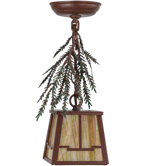Meyda Lighting Pine Branch 8" Rust and Green Trees Valley View Mini Pendant Light With Beige Irridescent Shade Glass