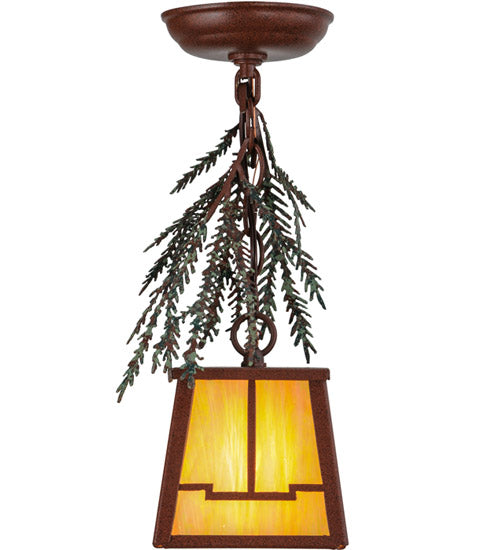 Meyda Lighting Pine Branch 8" Rust and Green Trees Valley View Mini Pendant Light With Beige Irridescent Shade Glass