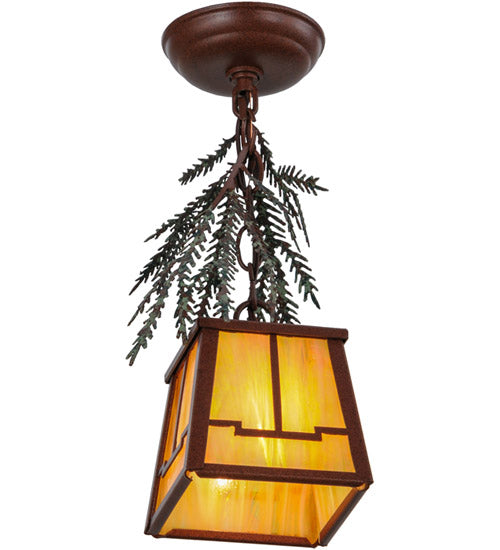 Meyda Lighting Pine Branch 8" Rust and Green Trees Valley View Mini Pendant Light With Beige Irridescent Shade Glass