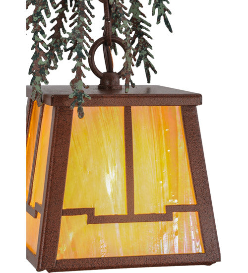 Meyda Lighting Pine Branch 8" Rust and Green Trees Valley View Mini Pendant Light With Beige Irridescent Shade Glass