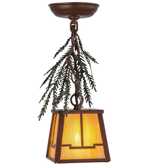 Meyda Lighting Pine Branch 8" Rust and Green Trees Valley View Mini Pendant Light With Beige Irridescent Shade Glass