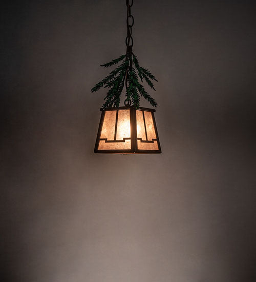Meyda Lighting Pine Branch 8" Timeless Bronze Mini Pendant Light With Silver Mica Shade Glass