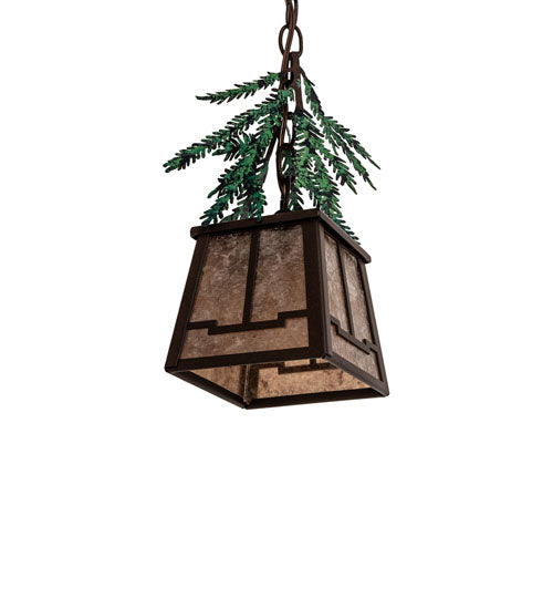Meyda Lighting Pine Branch 8" Timeless Bronze Mini Pendant Light With Silver Mica Shade Glass