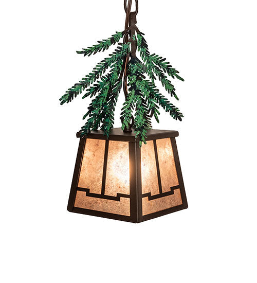 Meyda Lighting Pine Branch 8" Timeless Bronze Mini Pendant Light With Silver Mica Shade Glass