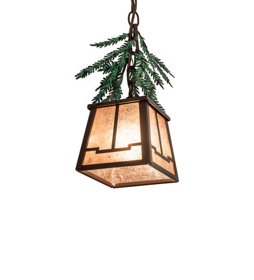 Meyda Lighting Pine Branch 8" Timeless Bronze Mini Pendant Light With Silver Mica Shade Glass