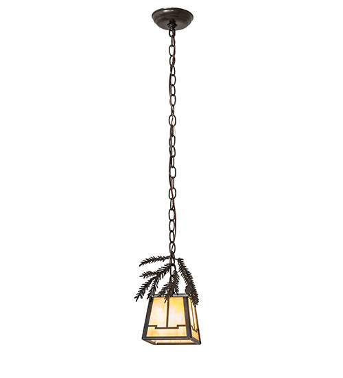Meyda Lighting Pine Branch 8" Timeless Bronze Valley View Mini Pendant Light With Beige Iridescent Shade Glass