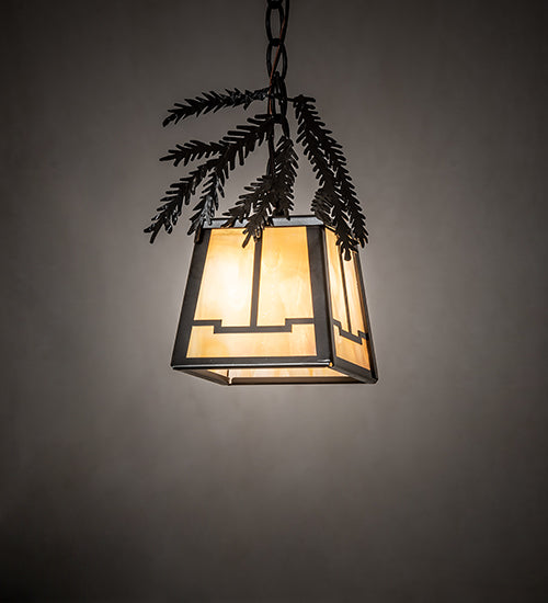 Meyda Lighting Pine Branch 8" Timeless Bronze Valley View Mini Pendant Light With Beige Iridescent Shade Glass