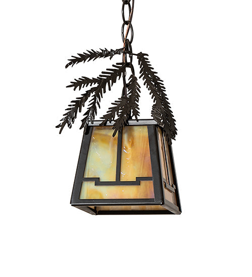 Meyda Lighting Pine Branch 8" Timeless Bronze Valley View Mini Pendant Light With Beige Iridescent Shade Glass