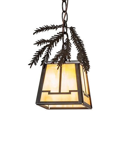 Meyda Lighting Pine Branch 8" Timeless Bronze Valley View Mini Pendant Light With Beige Iridescent Shade Glass