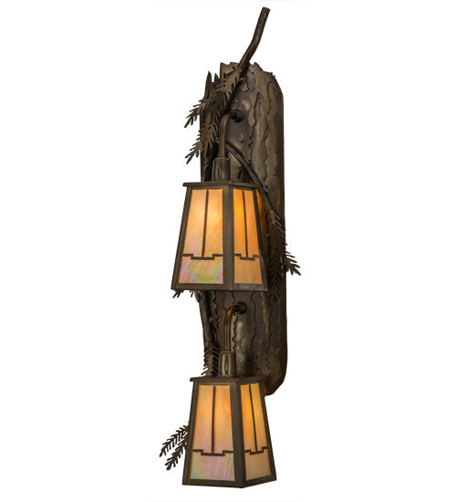 Meyda Lighting Pine Branch 9" 2-Light Antique Copper Valley View Wall Sconce With Beige Iridescent Shade Glass