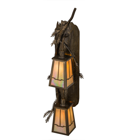 Meyda Lighting Pine Branch 9" 2-Light Antique Copper Valley View Wall Sconce With Beige Iridescent Shade Glass